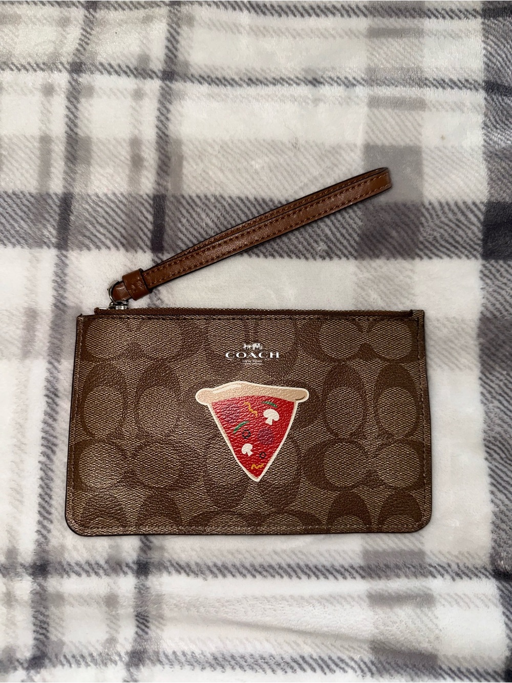 Coach Brown Signature Canvas Wristlet with Red Pizza Patch